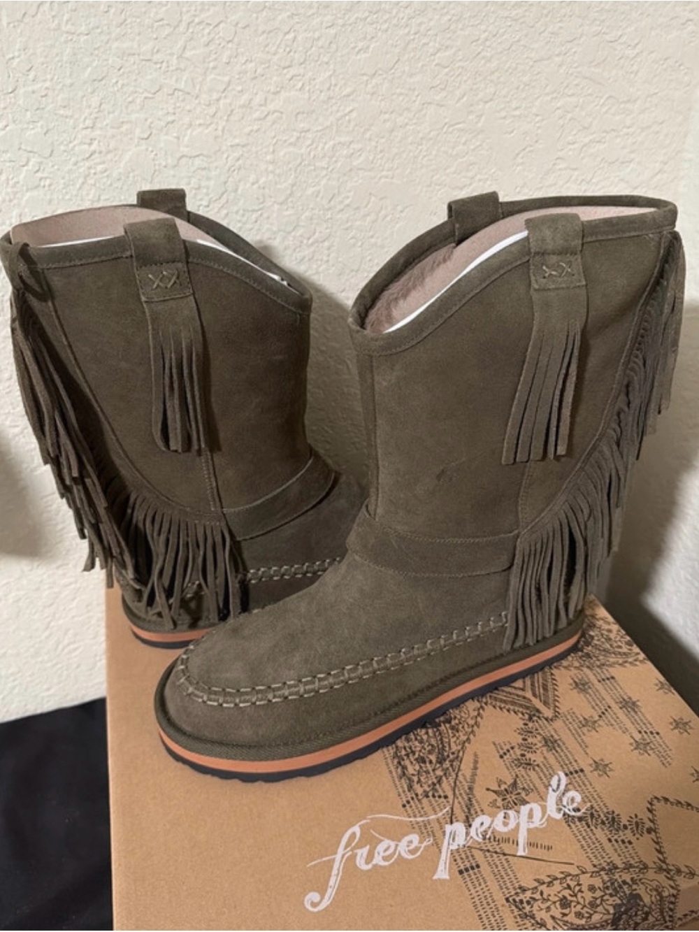 Free People Olive Green Suede Fringe Mid-Calf Boots